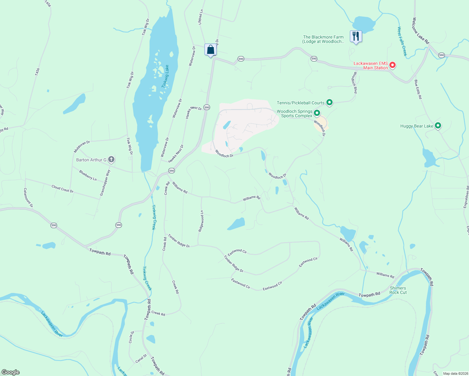 map of restaurants, bars, coffee shops, grocery stores, and more near 108 Butch's Road in Hawley