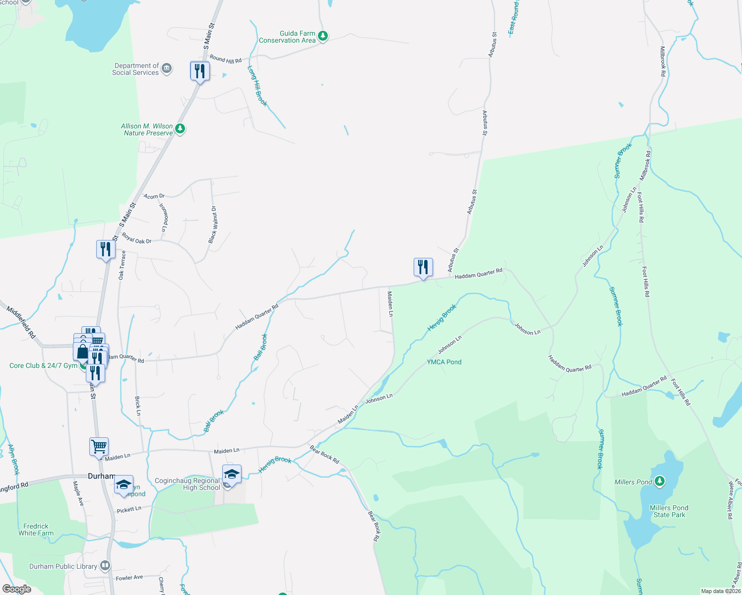 map of restaurants, bars, coffee shops, grocery stores, and more near 355 Haddam Quarter Road in Durham