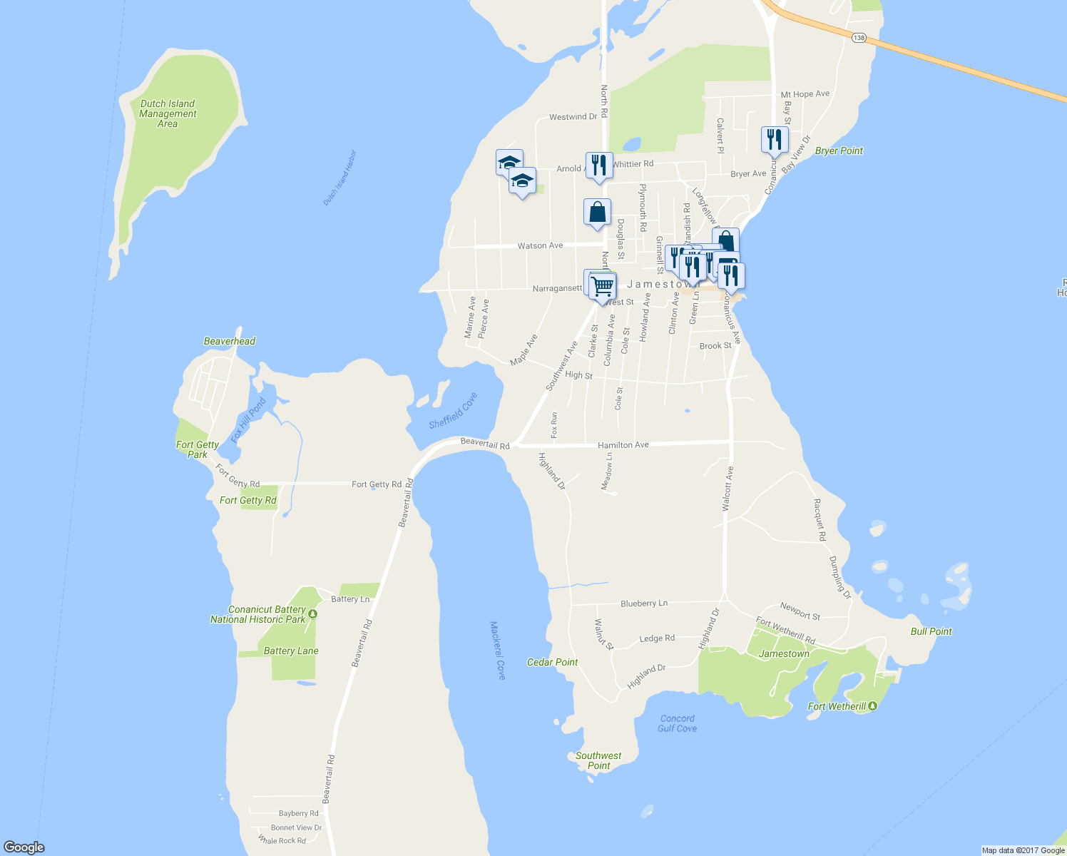 map of restaurants, bars, coffee shops, grocery stores, and more near 133 Southwest Avenue in Jamestown