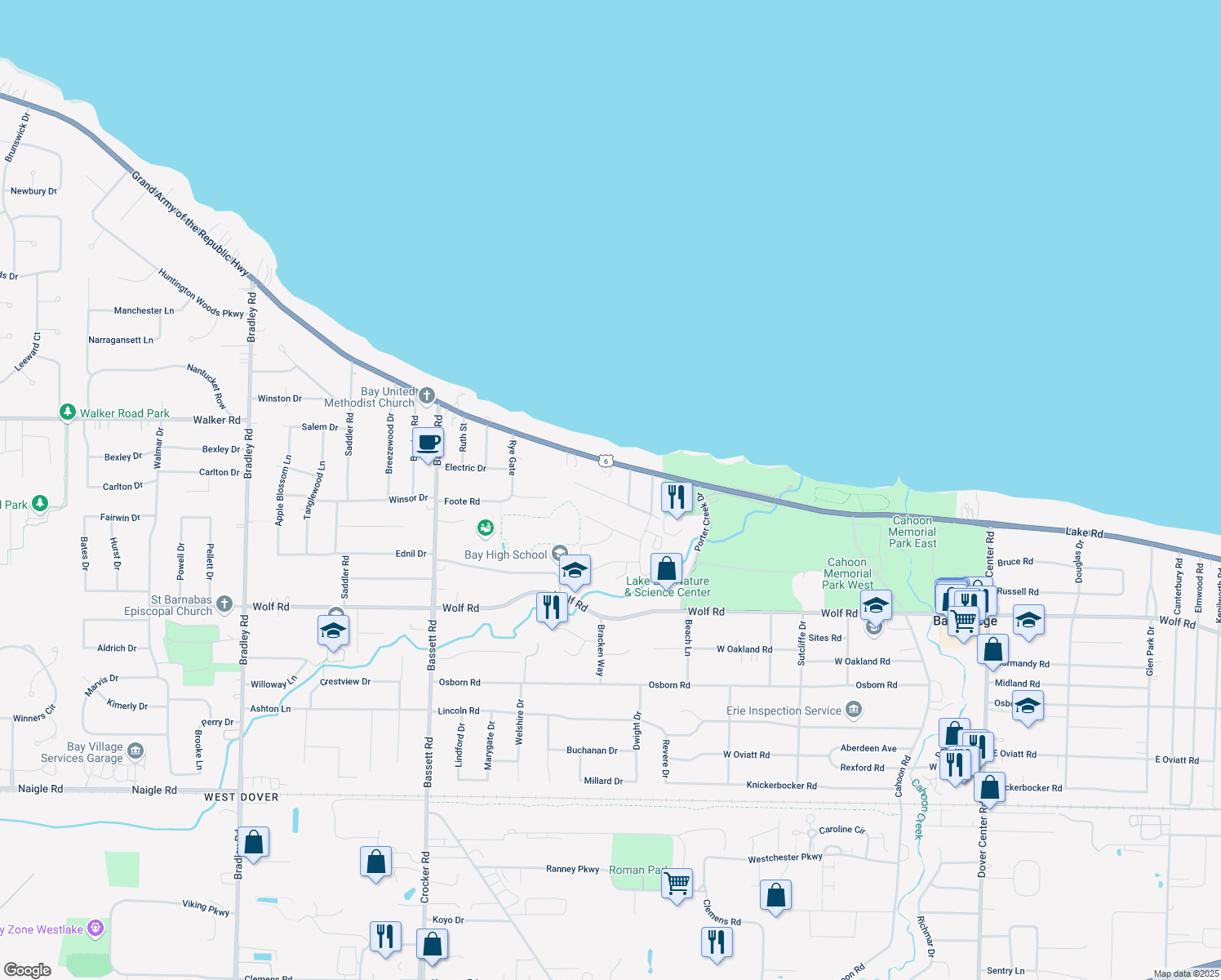 map of restaurants, bars, coffee shops, grocery stores, and more near 29070 Northfield Road in Bay Village