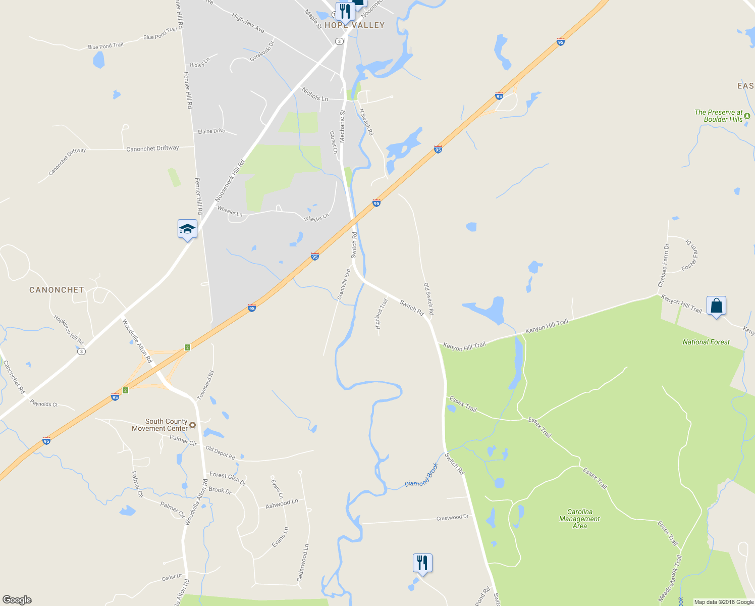 map of restaurants, bars, coffee shops, grocery stores, and more near 3 Highland Trail in Richmond