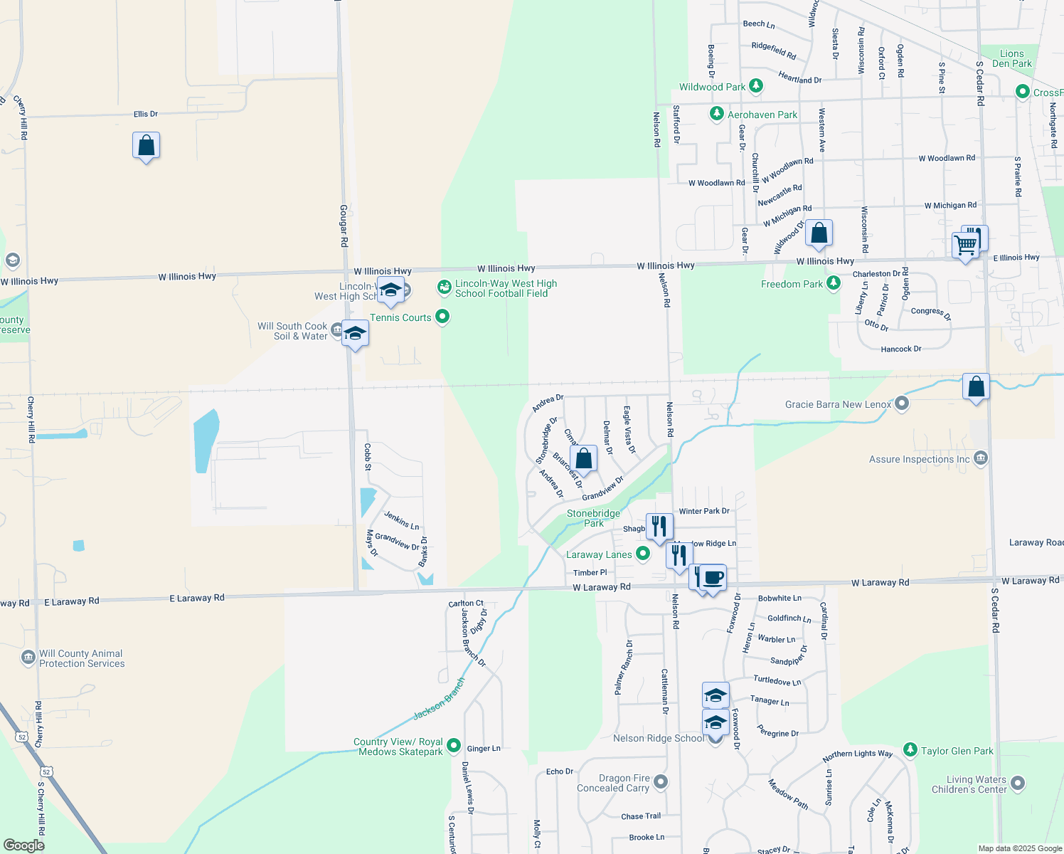map of restaurants, bars, coffee shops, grocery stores, and more near 1428 Andrea Drive in New Lenox
