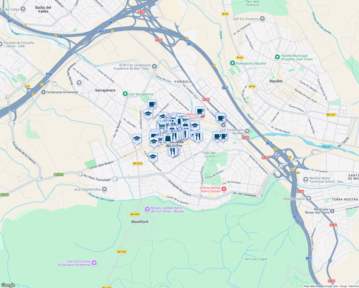 map of restaurants, bars, coffee shops, grocery stores, and more near in Cerdanyola del Vallès