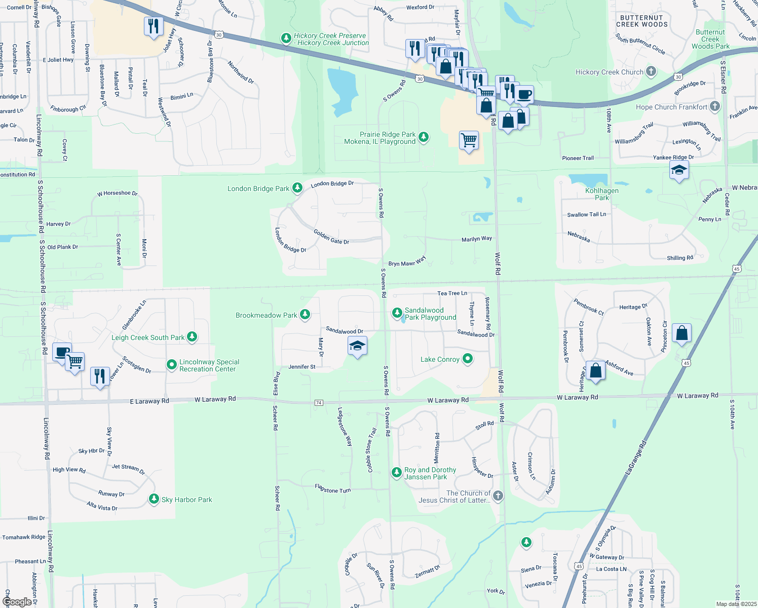 map of restaurants, bars, coffee shops, grocery stores, and more near 21979 Emily Lane in Frankfort
