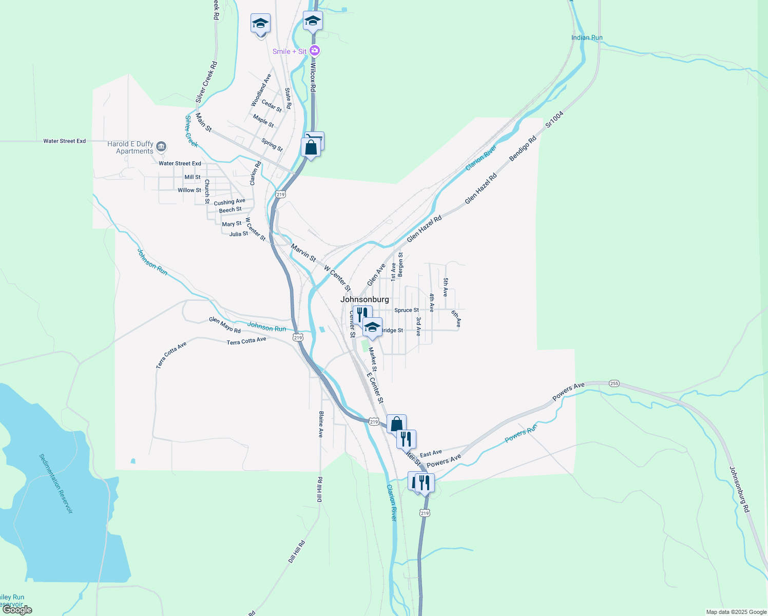 map of restaurants, bars, coffee shops, grocery stores, and more near 407 Spruce St in Johnsonburg