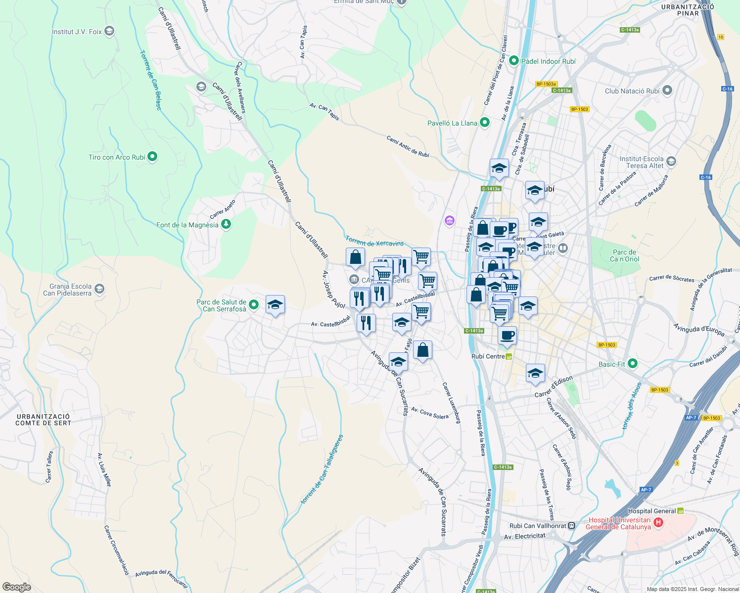 map of restaurants, bars, coffee shops, grocery stores, and more near 6 Carrer Miquel Mumany in Rubí