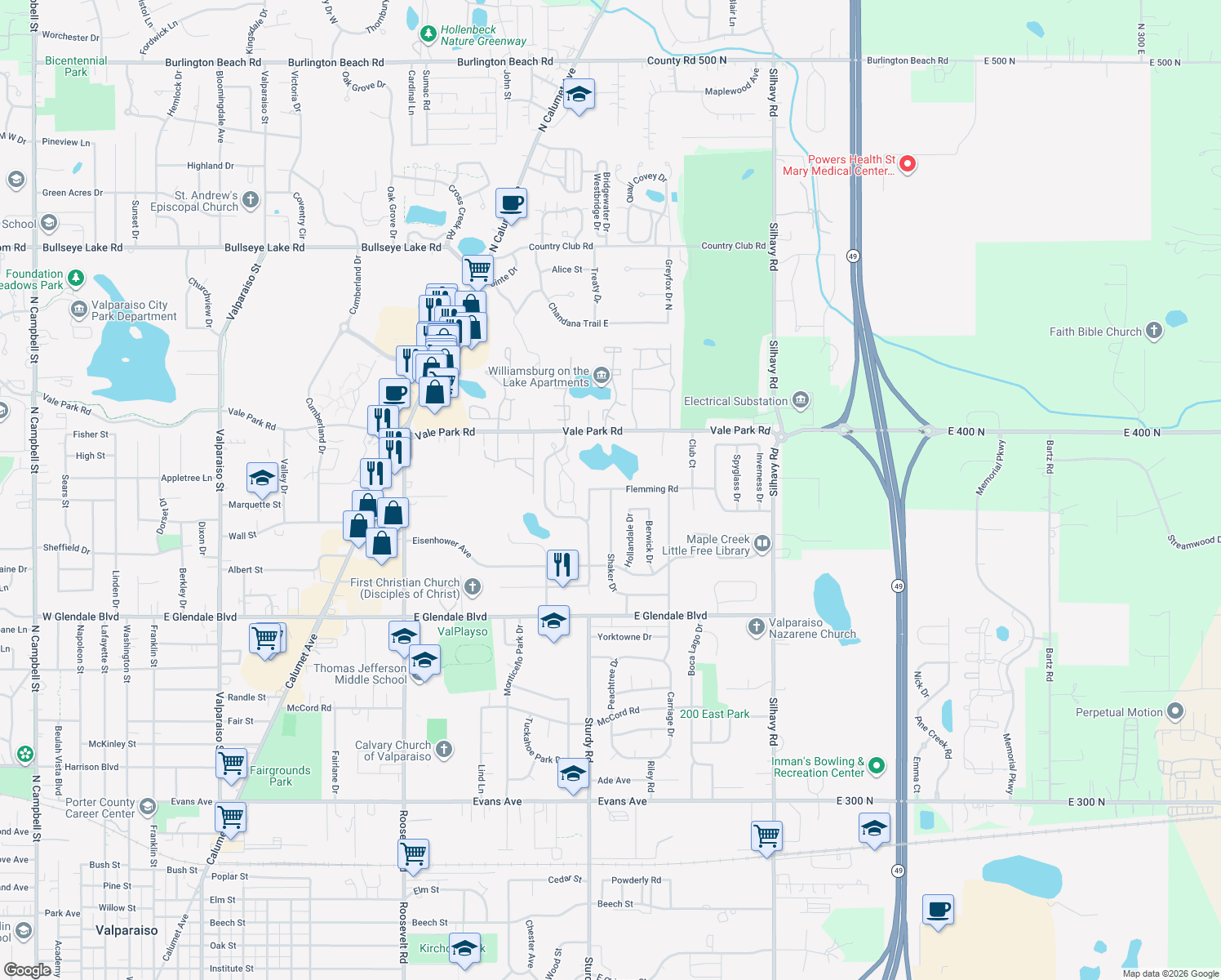 map of restaurants, bars, coffee shops, grocery stores, and more near 2499 Shaker Drive in Valparaiso