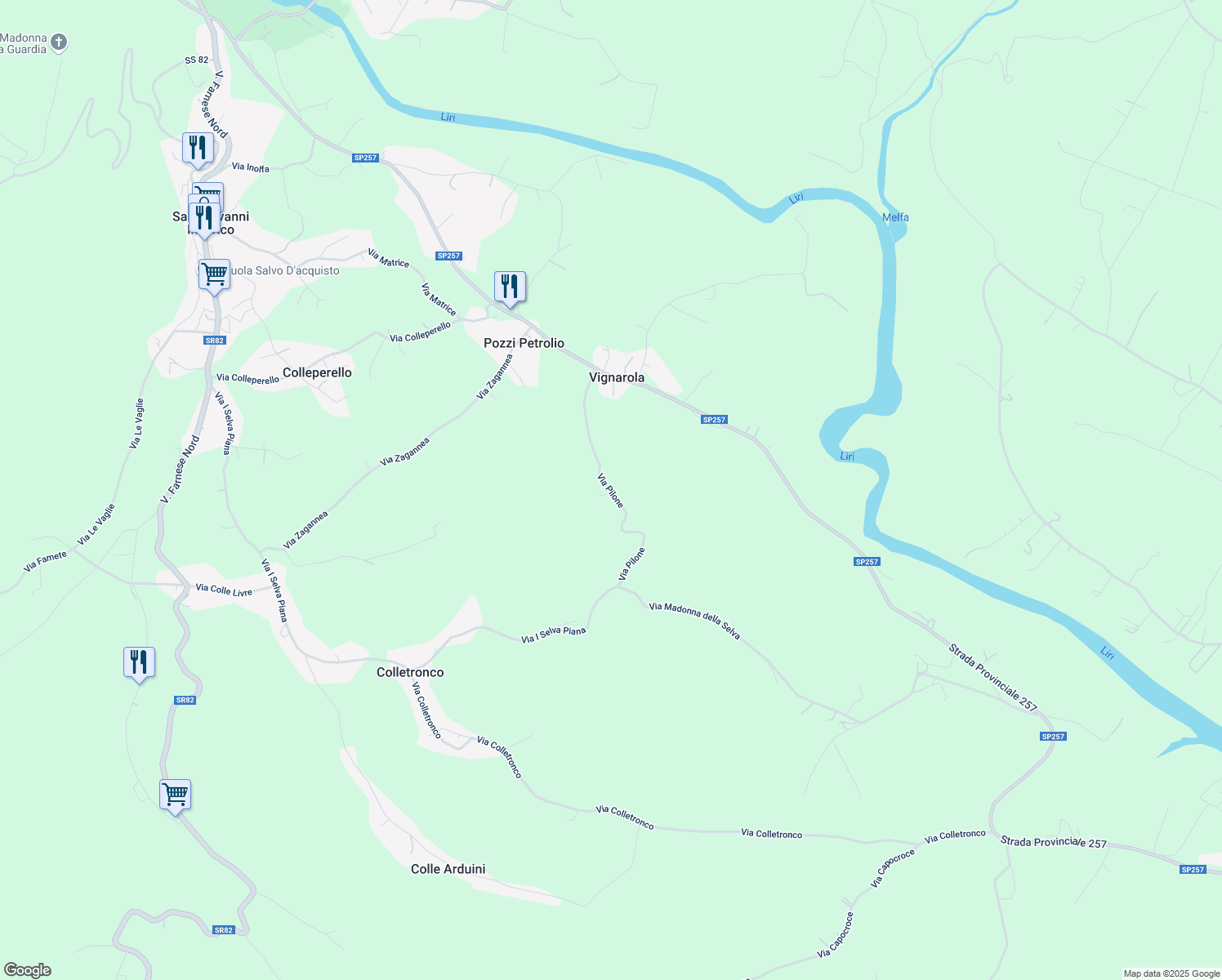 map of restaurants, bars, coffee shops, grocery stores, and more near 9 Via Pilone in Provincia di Frosinone