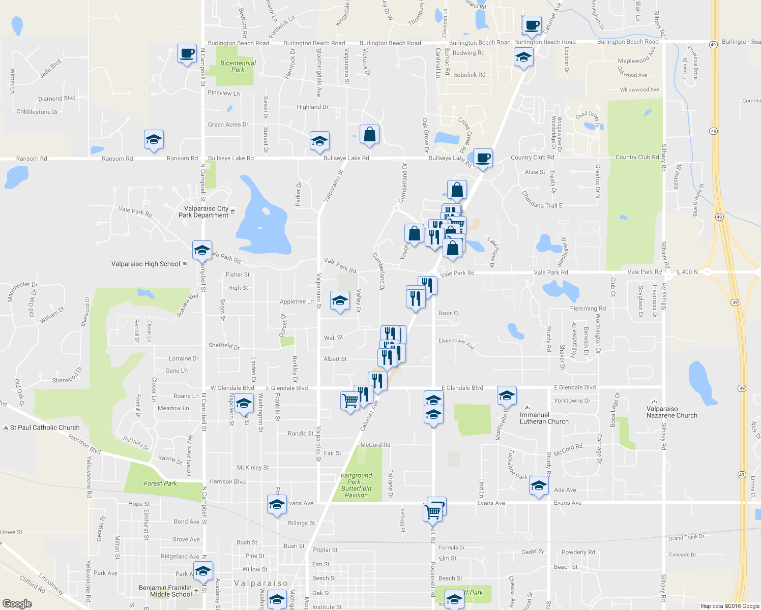 map of restaurants, bars, coffee shops, grocery stores, and more near 2502 Cumberland Drive in Valparaiso