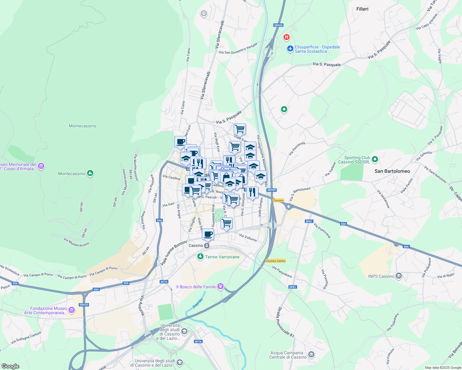 map of restaurants, bars, coffee shops, grocery stores, and more near in Cassino