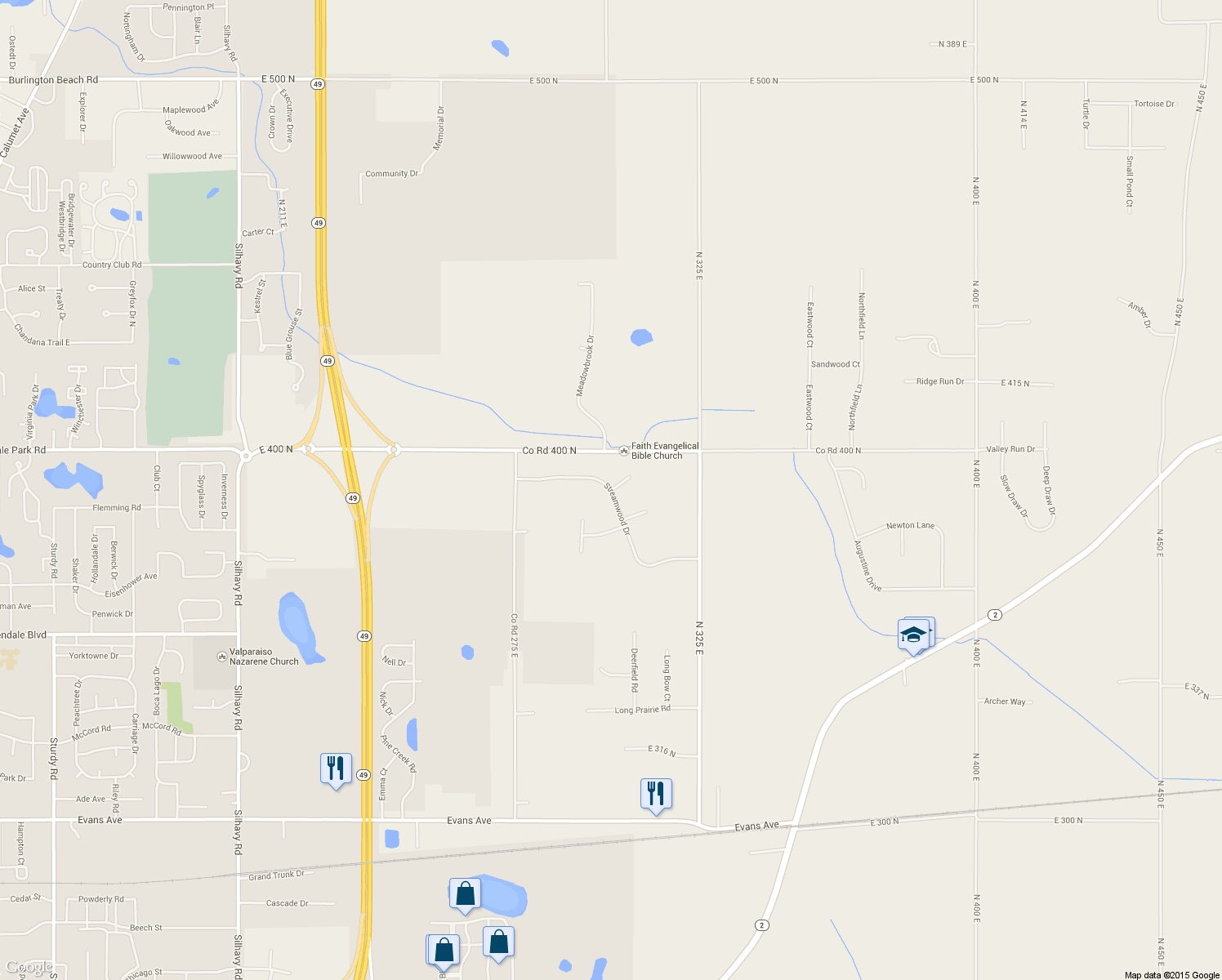 map of restaurants, bars, coffee shops, grocery stores, and more near 286 Streamwood Drive in Valparaiso