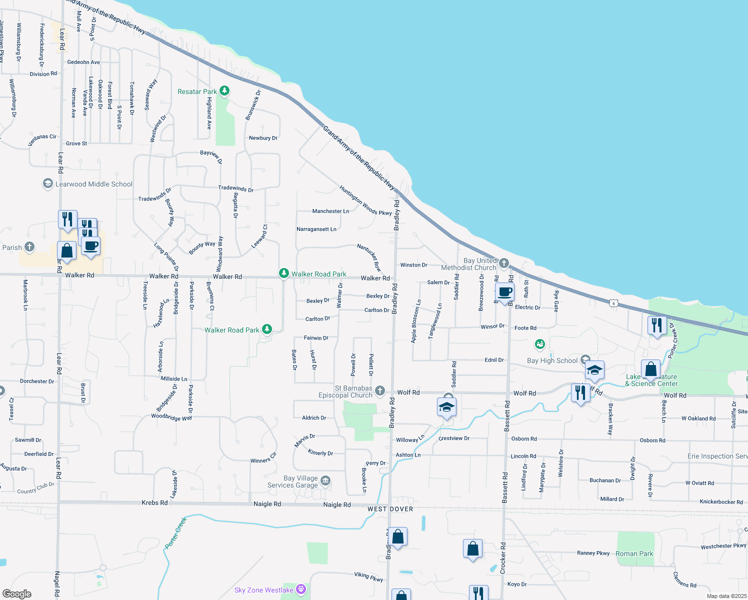 map of restaurants, bars, coffee shops, grocery stores, and more near 30917 Bexley Dr in Bay Village