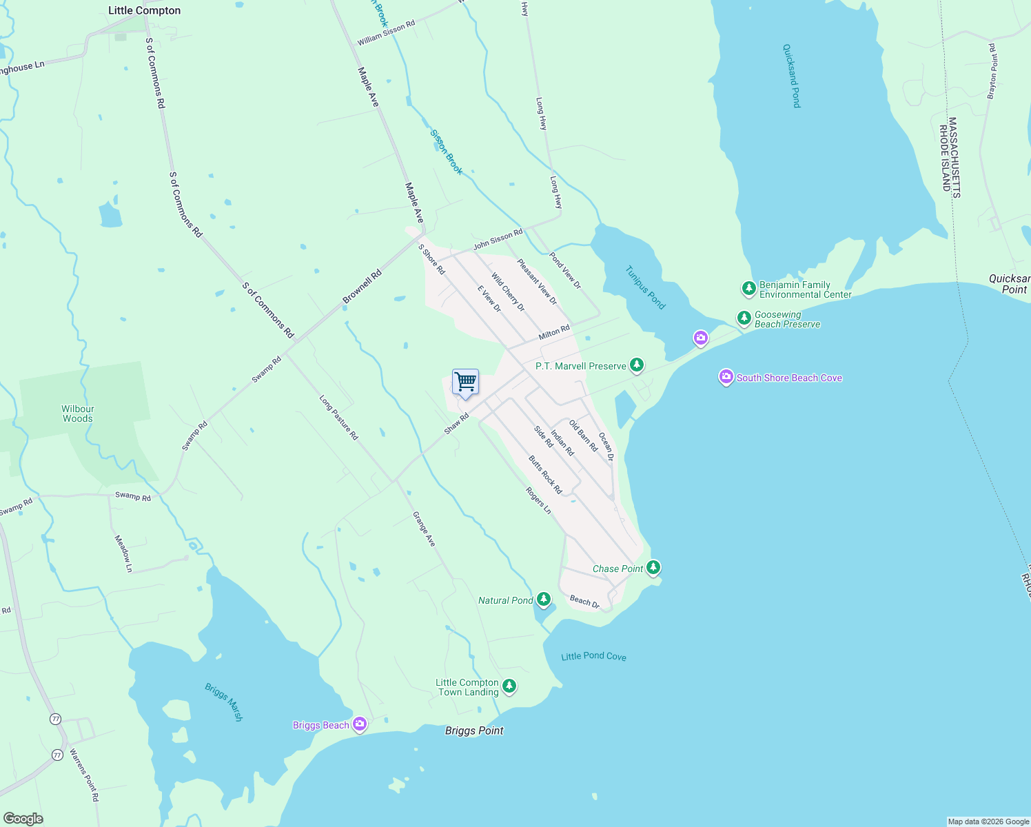 map of restaurants, bars, coffee shops, grocery stores, and more near 11 Side Rd in Little Compton