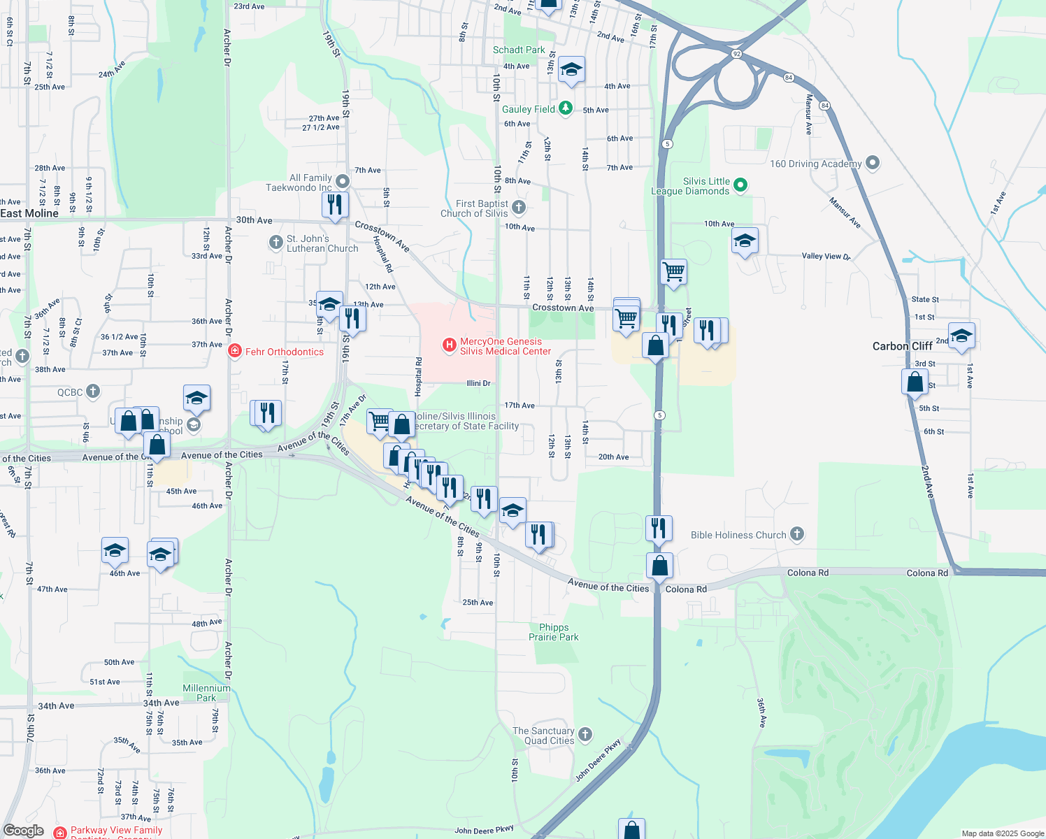 map of restaurants, bars, coffee shops, grocery stores, and more near 1105 18th Avenue in Silvis