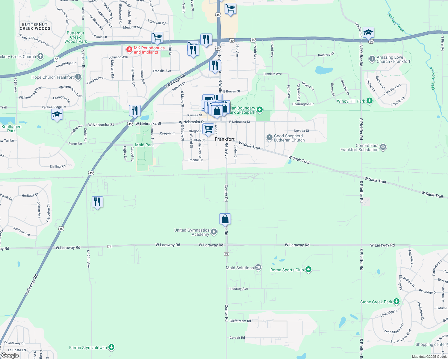 map of restaurants, bars, coffee shops, grocery stores, and more near 408 Center Road in Frankfort