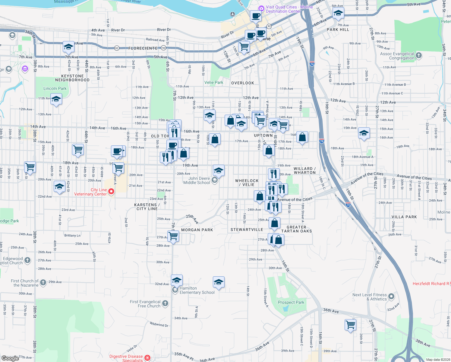 map of restaurants, bars, coffee shops, grocery stores, and more near 2023 12th St in Moline