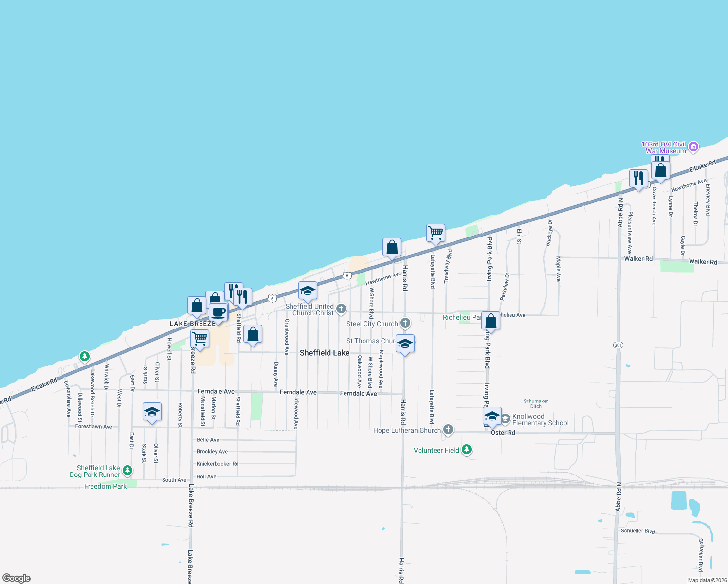 map of restaurants, bars, coffee shops, grocery stores, and more near 549 Oakwood Ave in Sheffield Lake