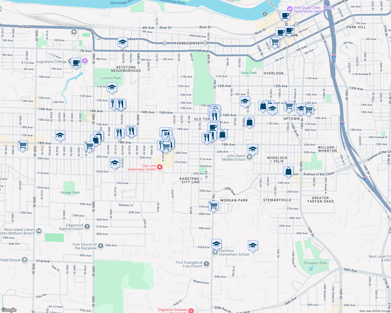 map of restaurants, bars, coffee shops, grocery stores, and more near 431 21st Ave in Moline