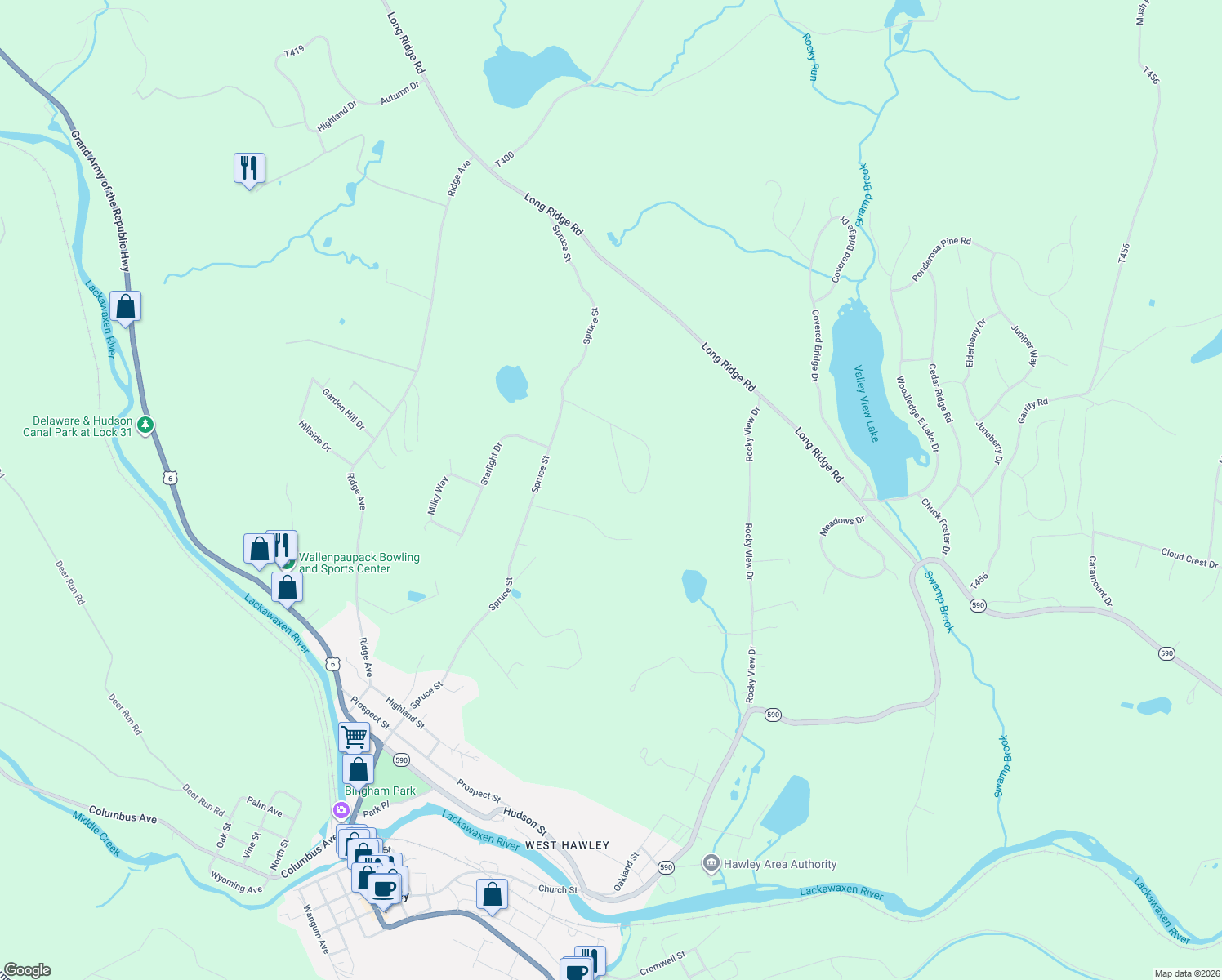 map of restaurants, bars, coffee shops, grocery stores, and more near 95 Moonbeam Circle in Hawley