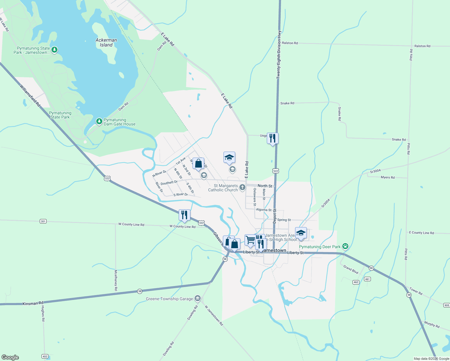 map of restaurants, bars, coffee shops, grocery stores, and more near 298 Douthett Drive in Jamestown
