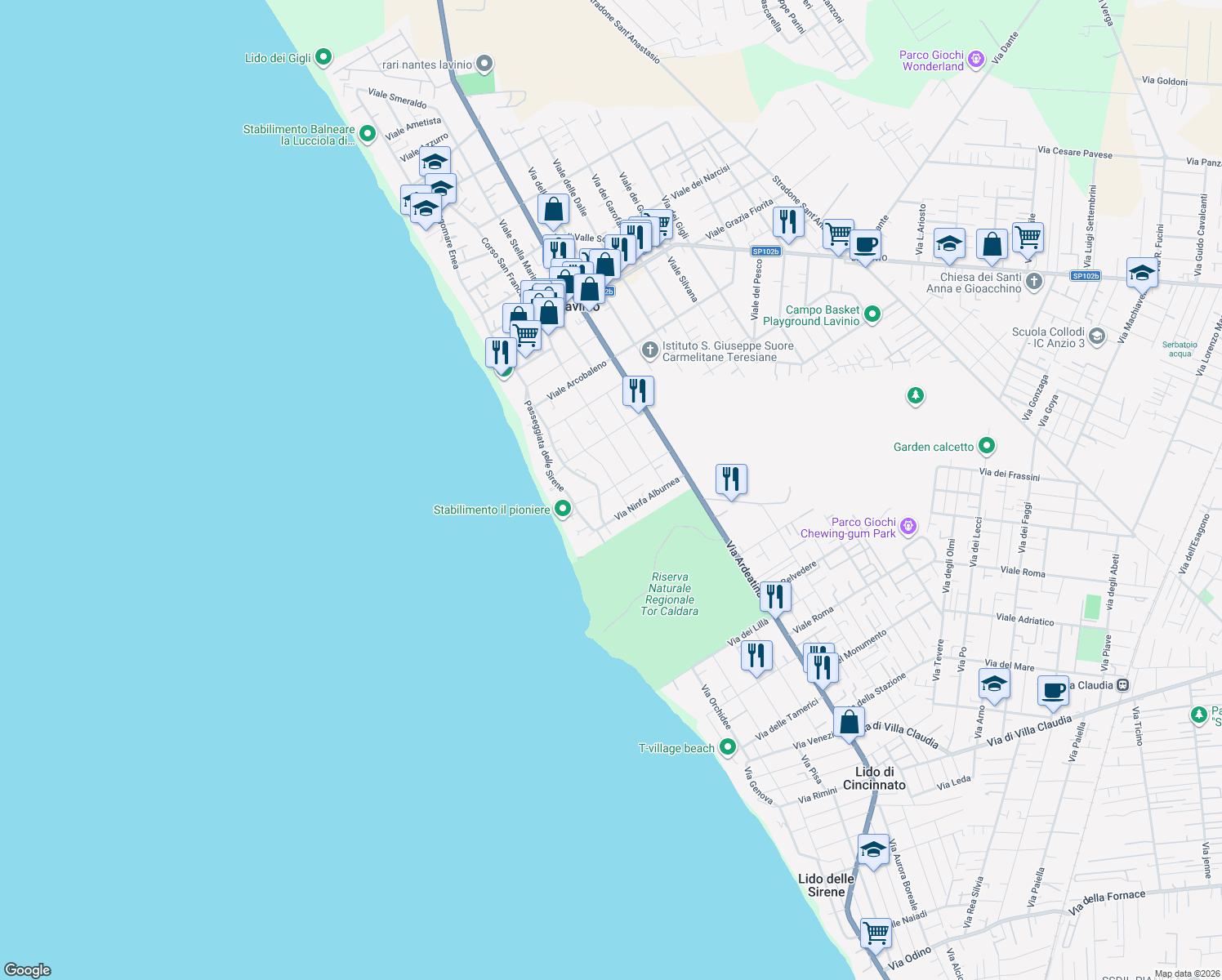map of restaurants, bars, coffee shops, grocery stores, and more near 79 Viale delle Nereidi in Anzio
