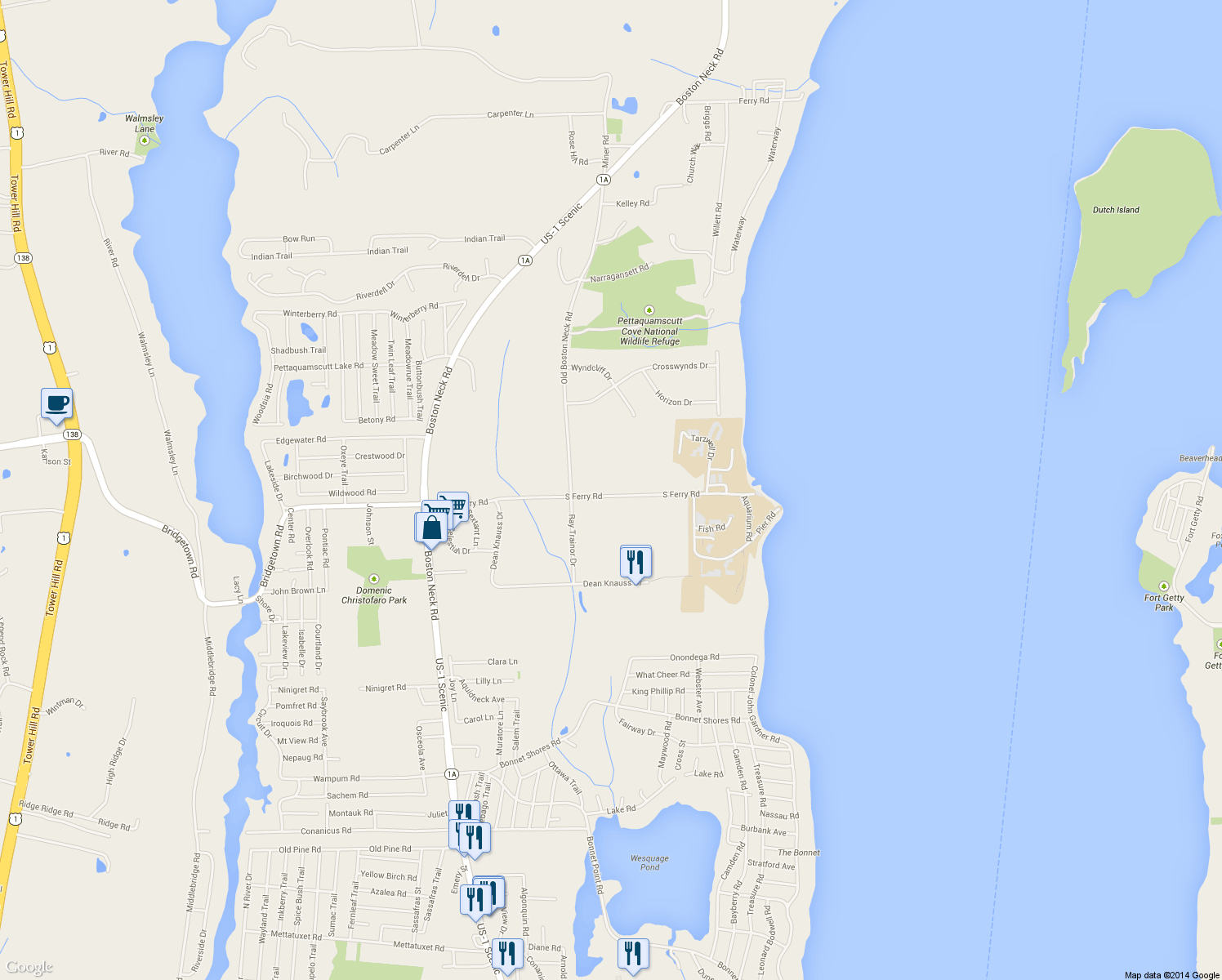 map of restaurants, bars, coffee shops, grocery stores, and more near 132 South Ferry Road in Narragansett