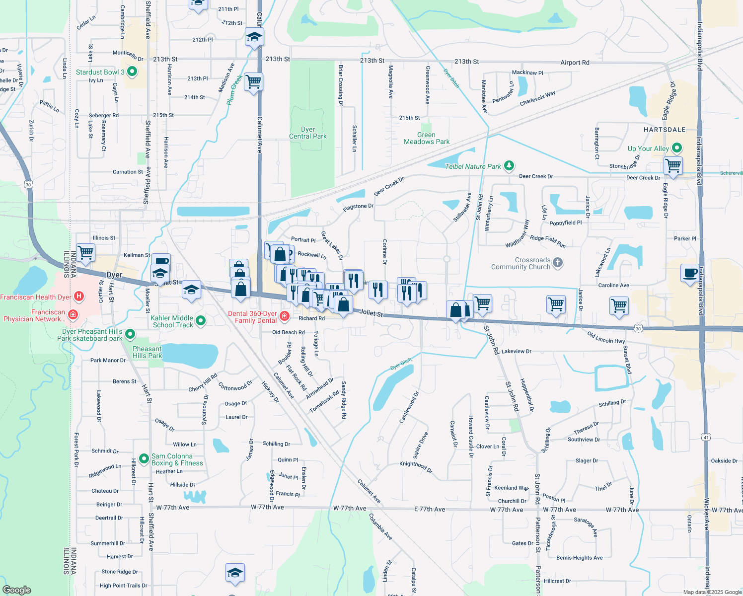 map of restaurants, bars, coffee shops, grocery stores, and more near 1227 Joliet Street in Dyer
