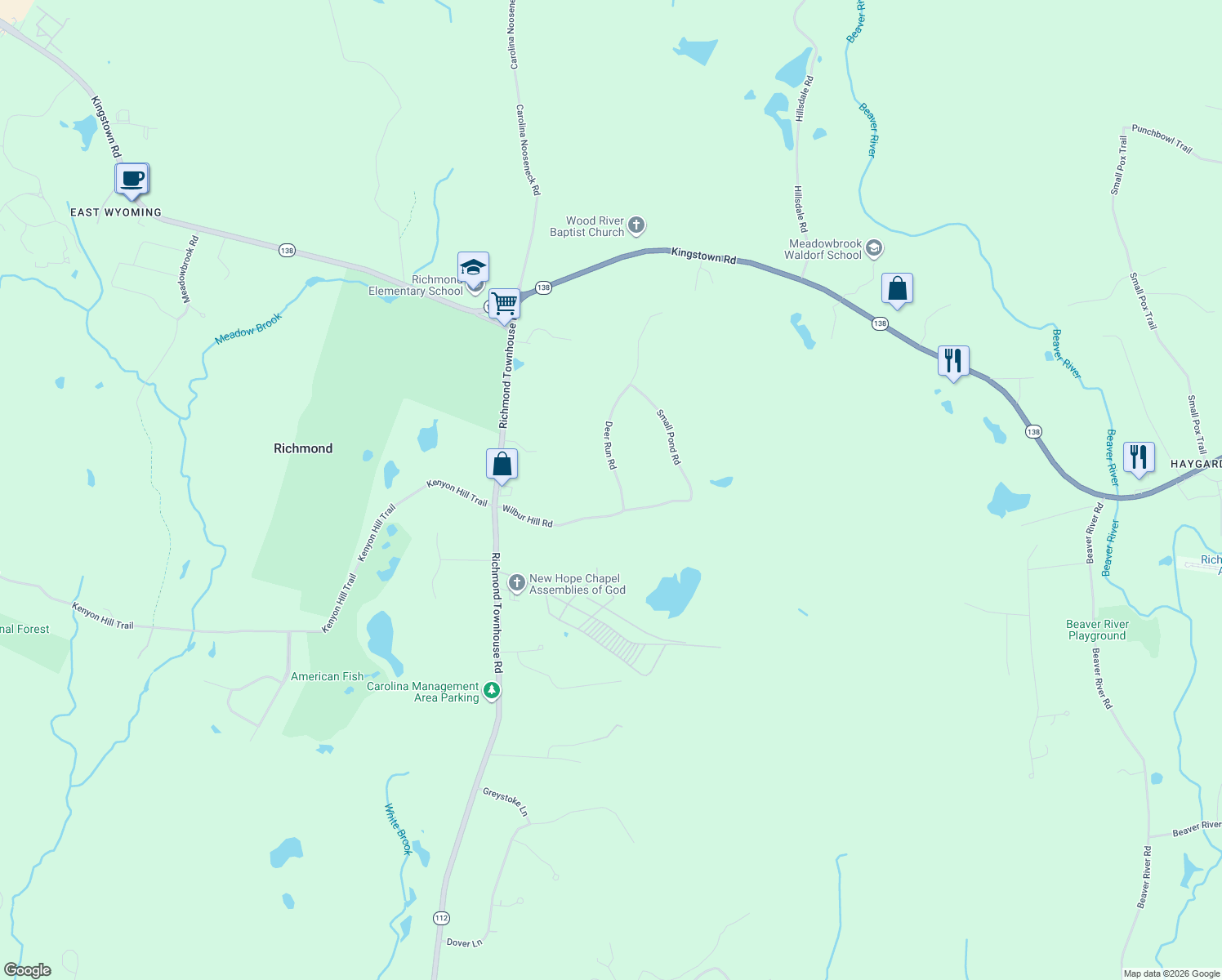 map of restaurants, bars, coffee shops, grocery stores, and more near 4 Deer Run Road in Richmond