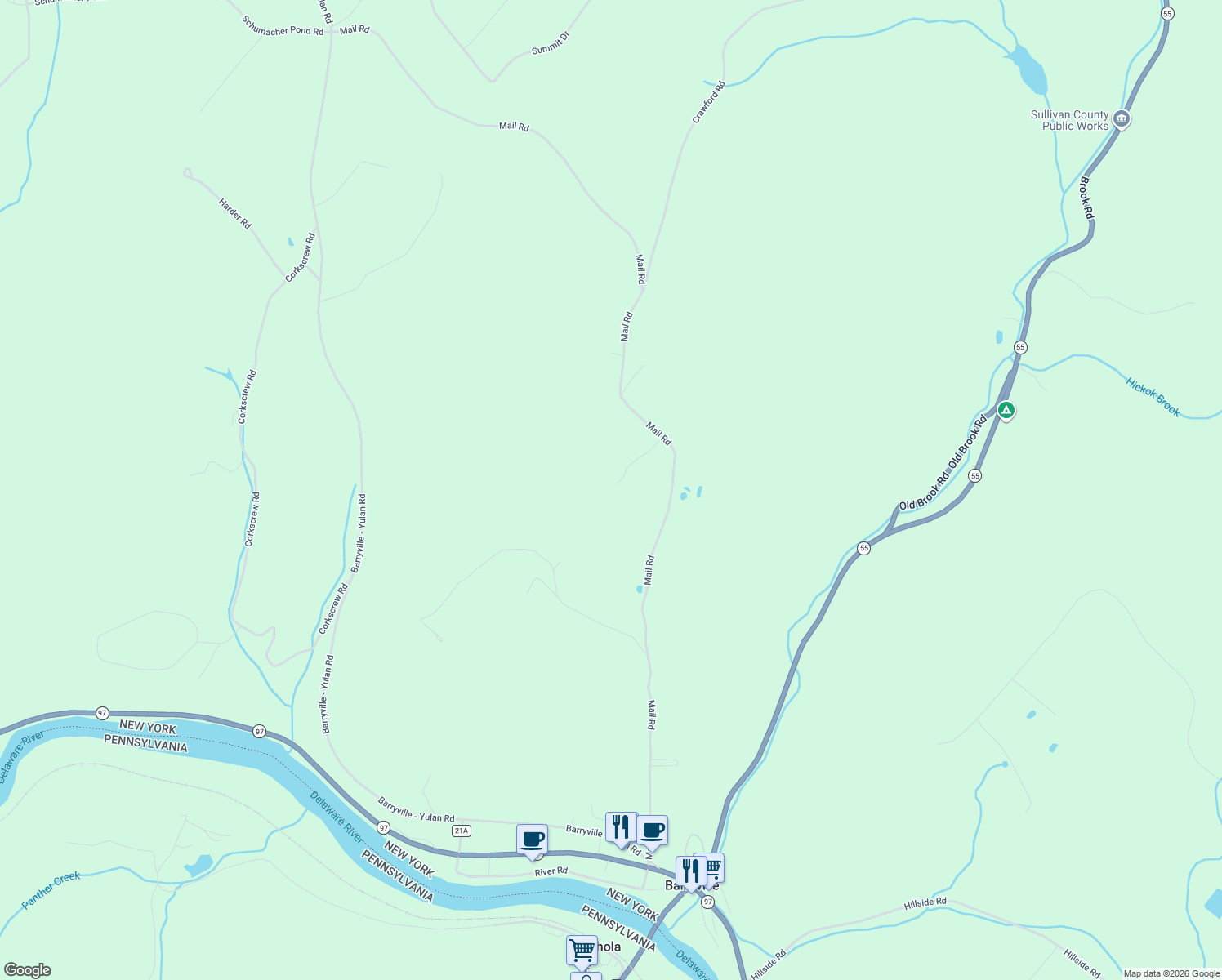 map of restaurants, bars, coffee shops, grocery stores, and more near 111 Mail Road in Barryville