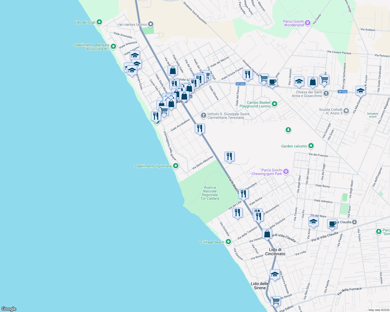 map of restaurants, bars, coffee shops, grocery stores, and more near 79 Viale delle Nereidi in Anzio