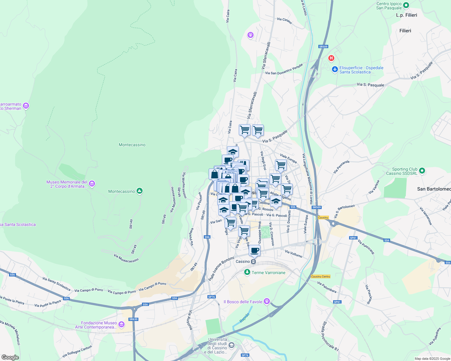 map of restaurants, bars, coffee shops, grocery stores, and more near 1 Via Santa Croce in Cassino