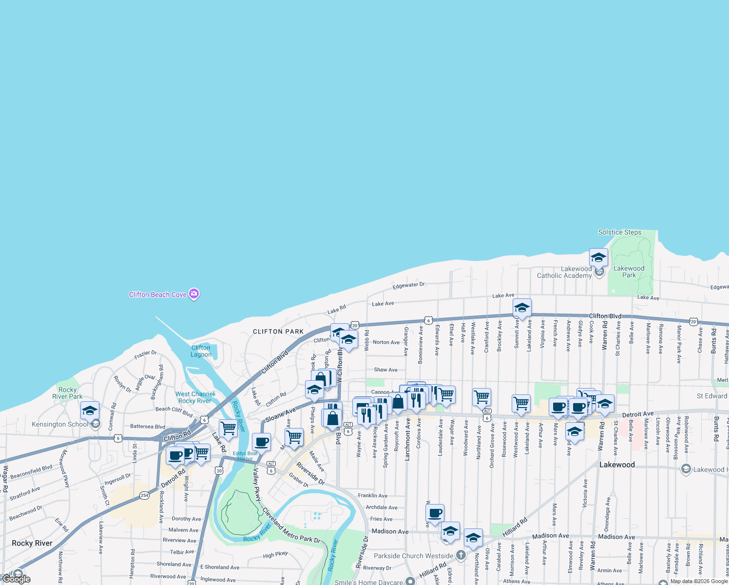map of restaurants, bars, coffee shops, grocery stores, and more near 17802 Lake Rd in Lakewood