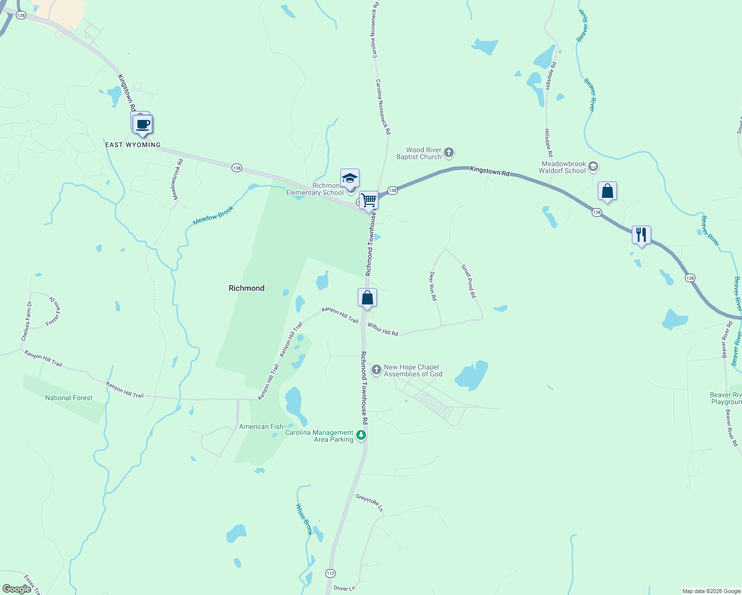 map of restaurants, bars, coffee shops, grocery stores, and more near 44 Richmond Townhouse Road in Richmond