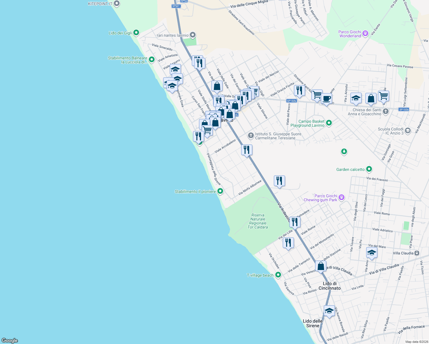 map of restaurants, bars, coffee shops, grocery stores, and more near 105 Passeggiata Sirene in Anzio