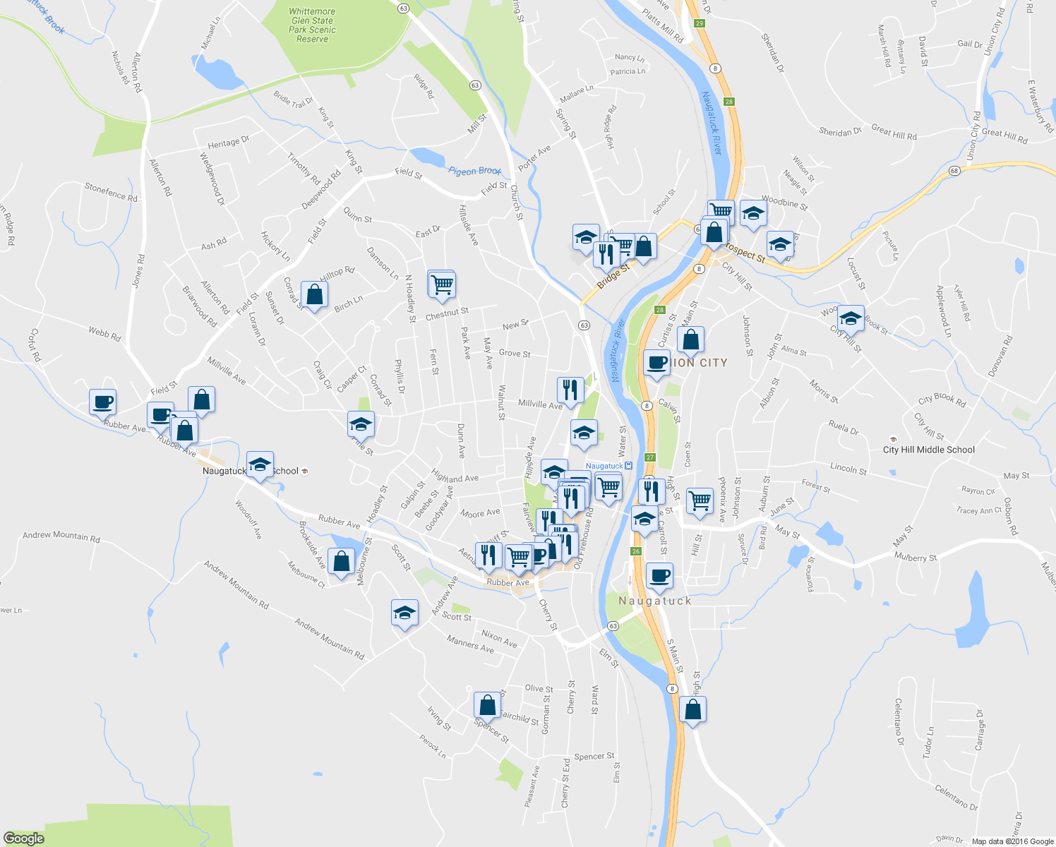 map of restaurants, bars, coffee shops, grocery stores, and more near 12 Sweeney Street in Naugatuck
