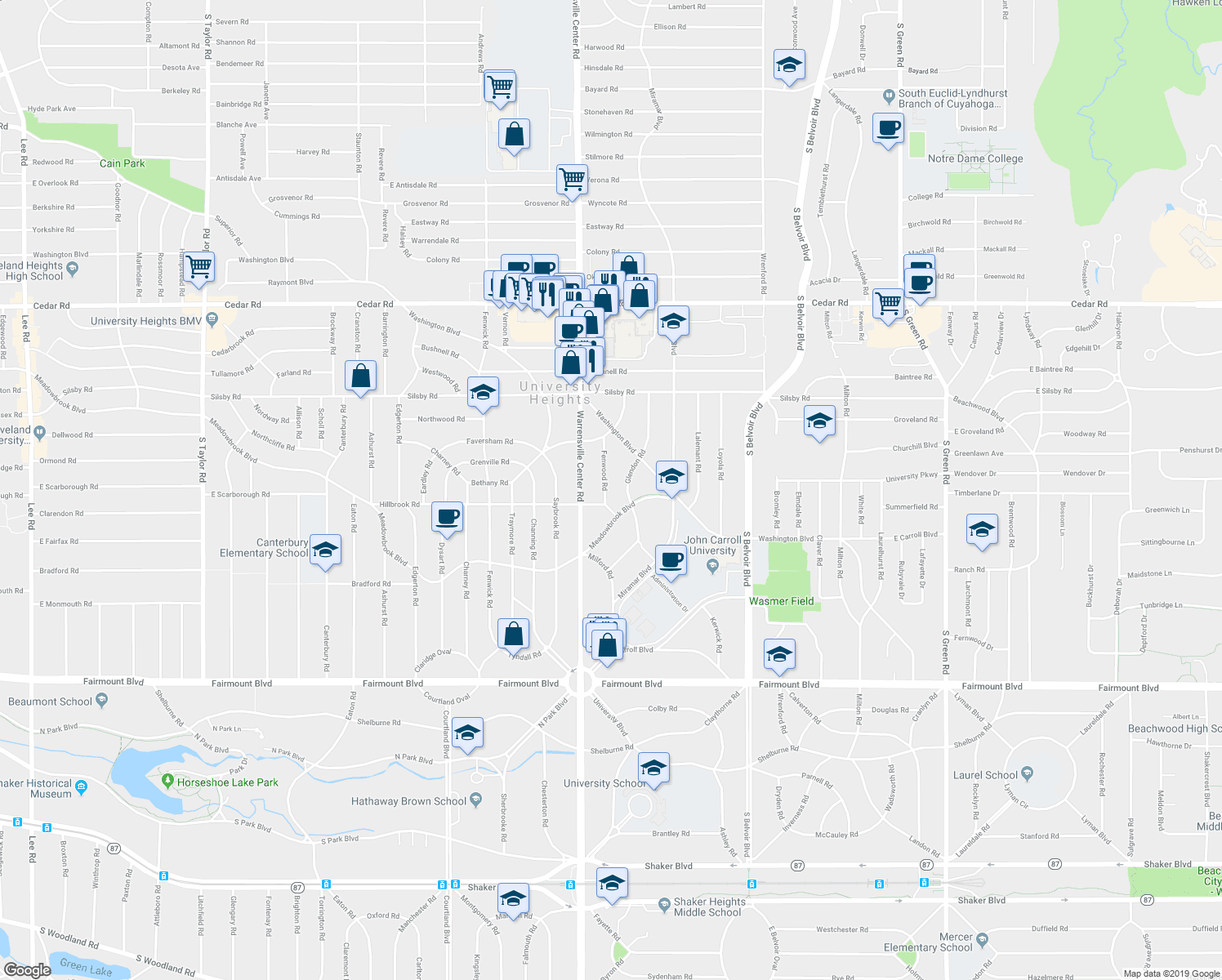 map of restaurants, bars, coffee shops, grocery stores, and more near 2405 Fenwood Road in University Heights