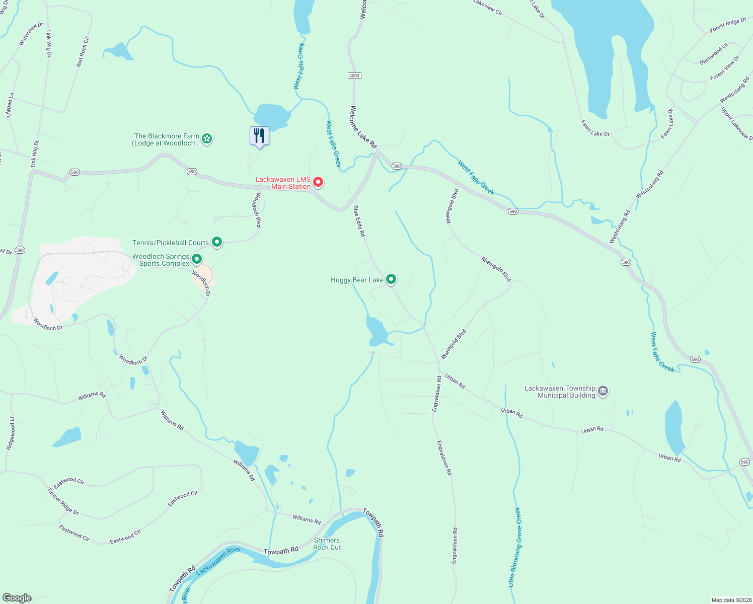 map of restaurants, bars, coffee shops, grocery stores, and more near 143 Blue Eddy Road in Hawley