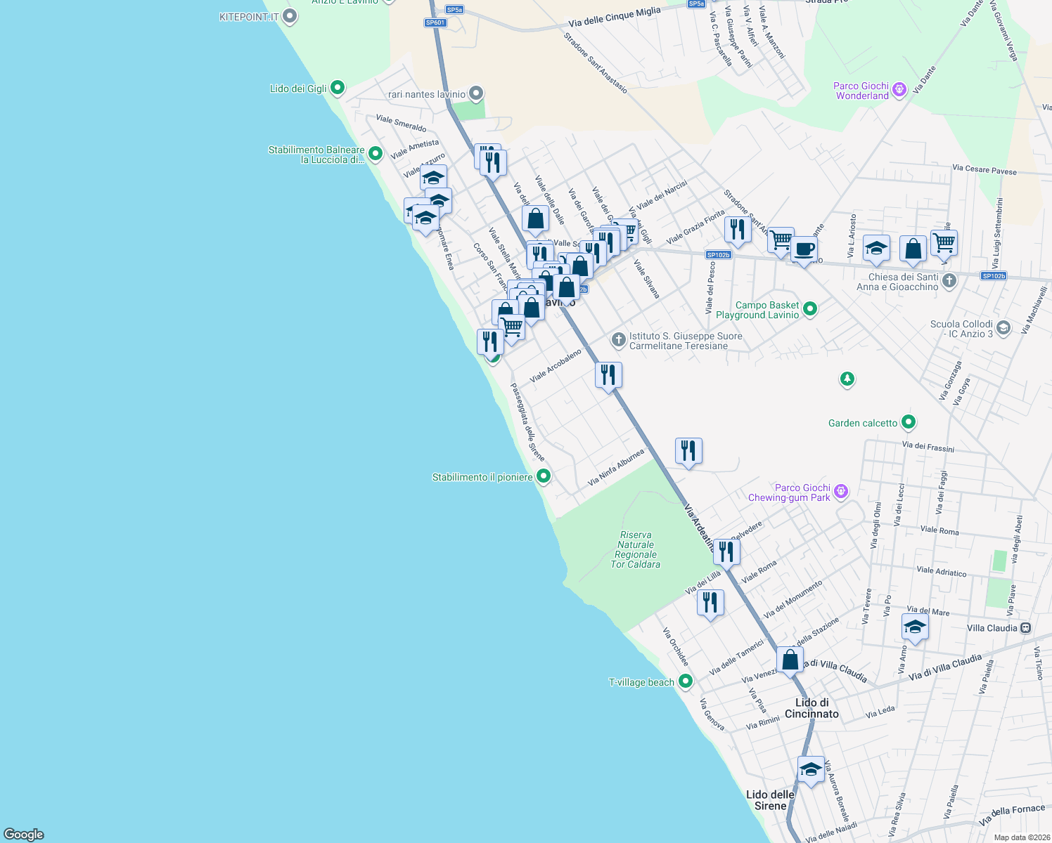map of restaurants, bars, coffee shops, grocery stores, and more near 105 Passeggiata delle Sirene in Anzio