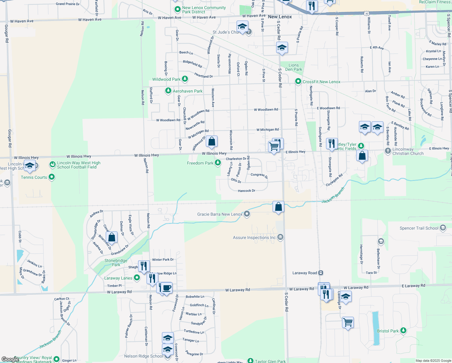 map of restaurants, bars, coffee shops, grocery stores, and more near 1215 Hancock Drive in New Lenox