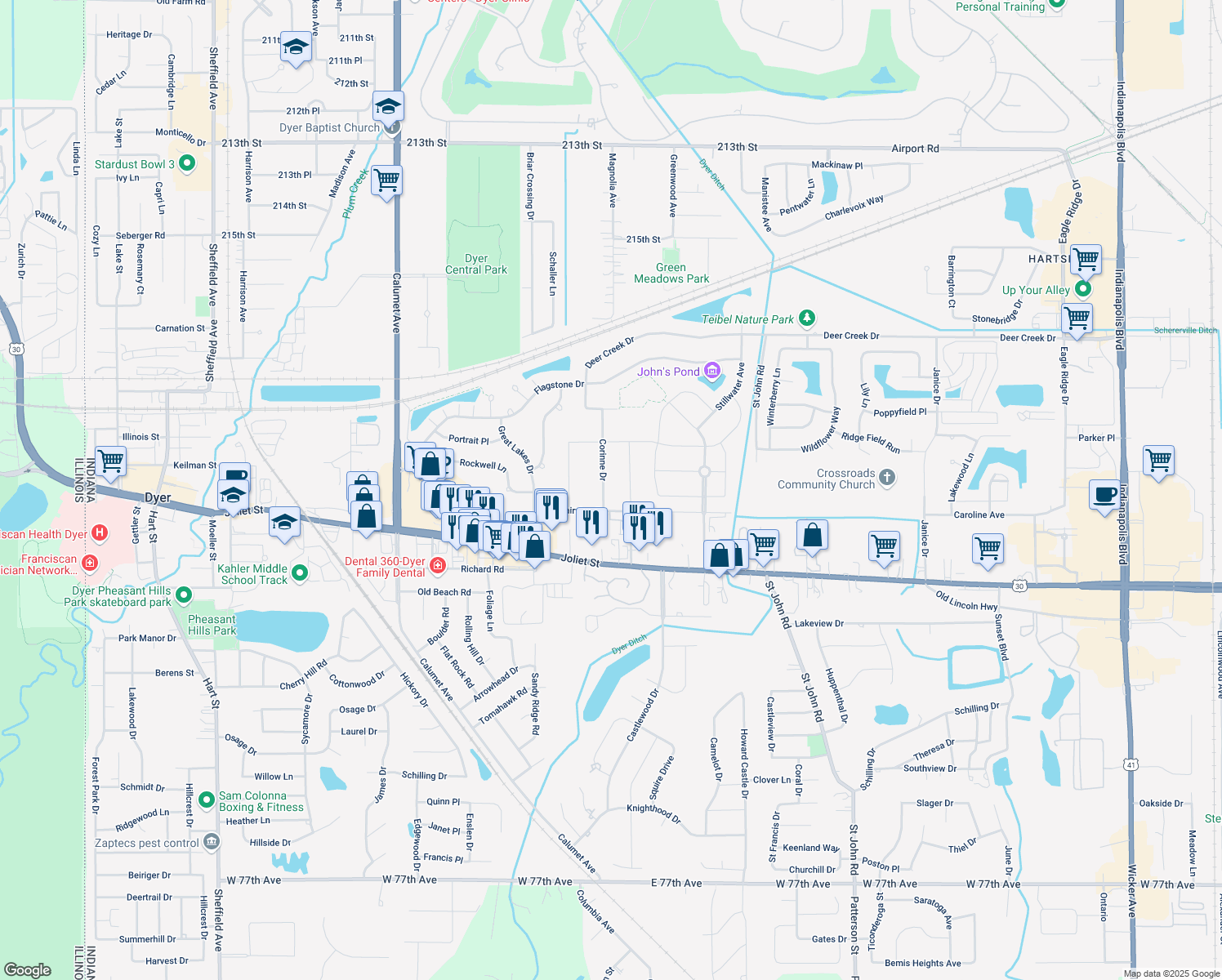 map of restaurants, bars, coffee shops, grocery stores, and more near 2027 Corinne Drive in Dyer