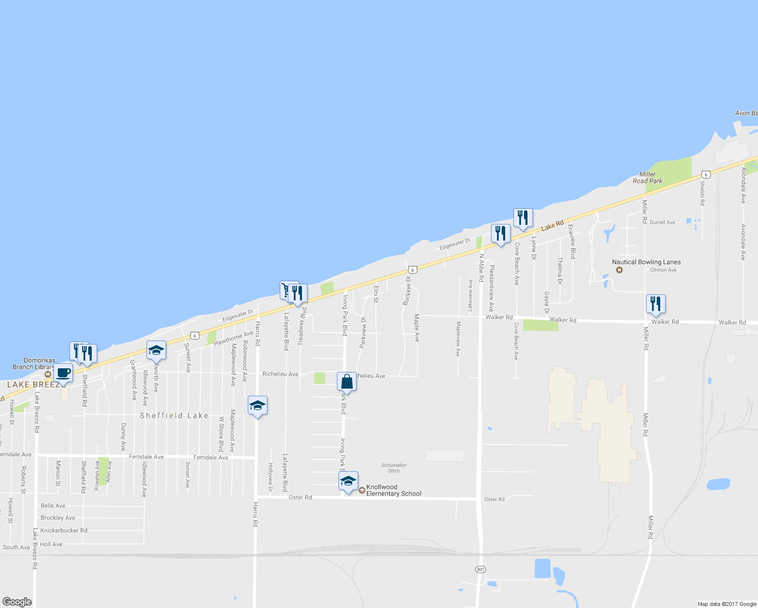 map of restaurants, bars, coffee shops, grocery stores, and more near 401 Elm Street in Sheffield Lake