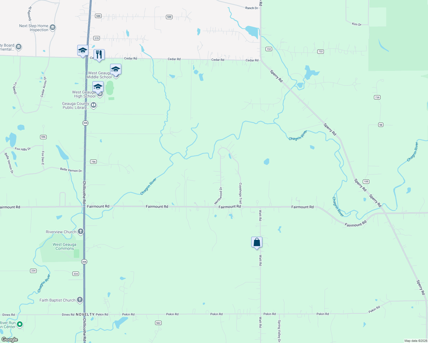 map of restaurants, bars, coffee shops, grocery stores, and more near 13694 Northwood Road in Novelty