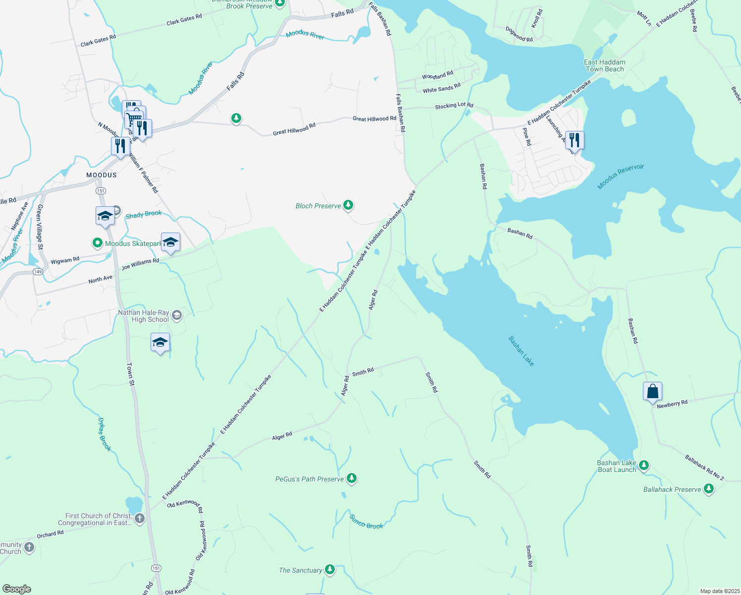 map of restaurants, bars, coffee shops, grocery stores, and more near 129 Alger Road in East Haddam
