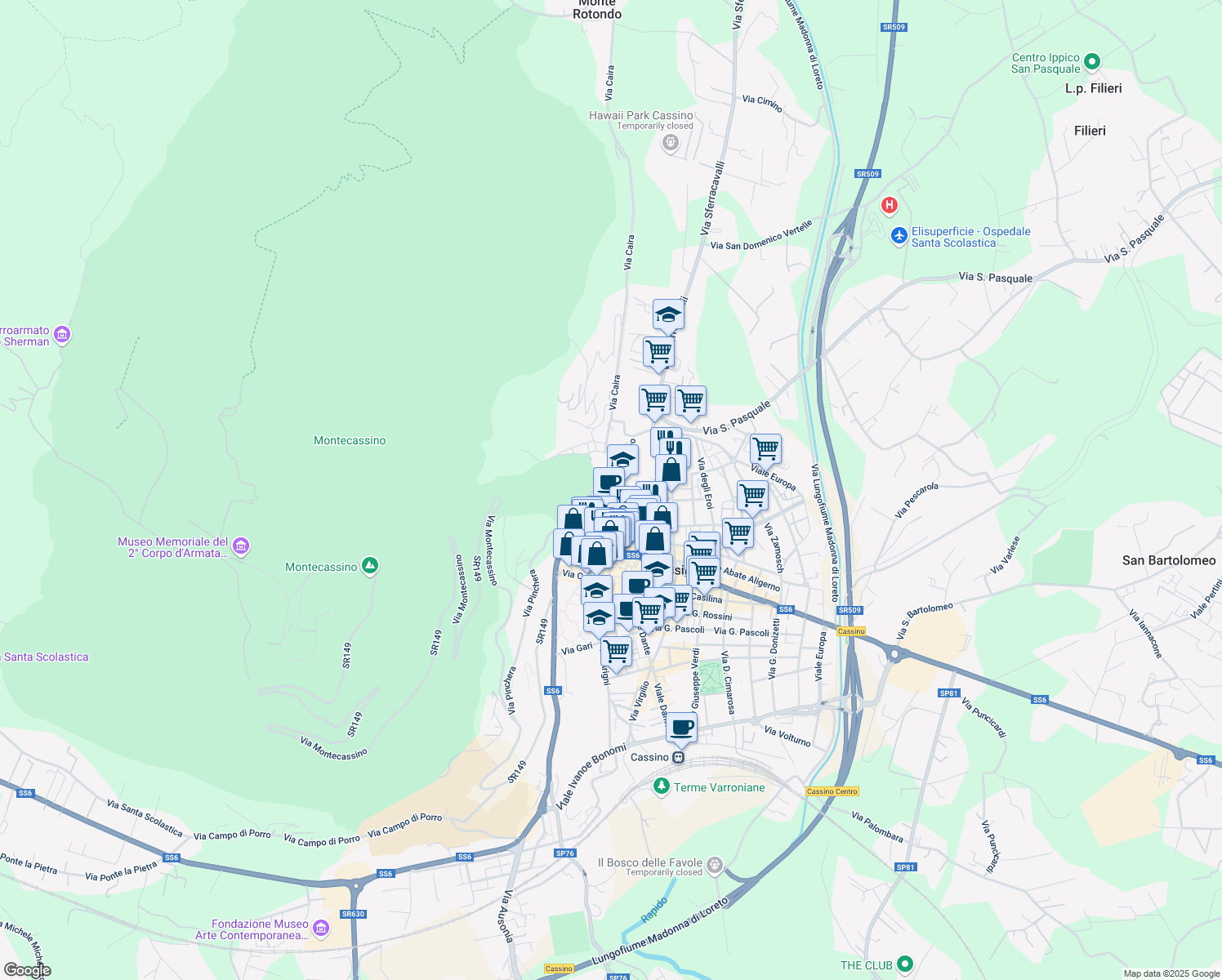 map of restaurants, bars, coffee shops, grocery stores, and more near 29 Via del Foro in Cassino