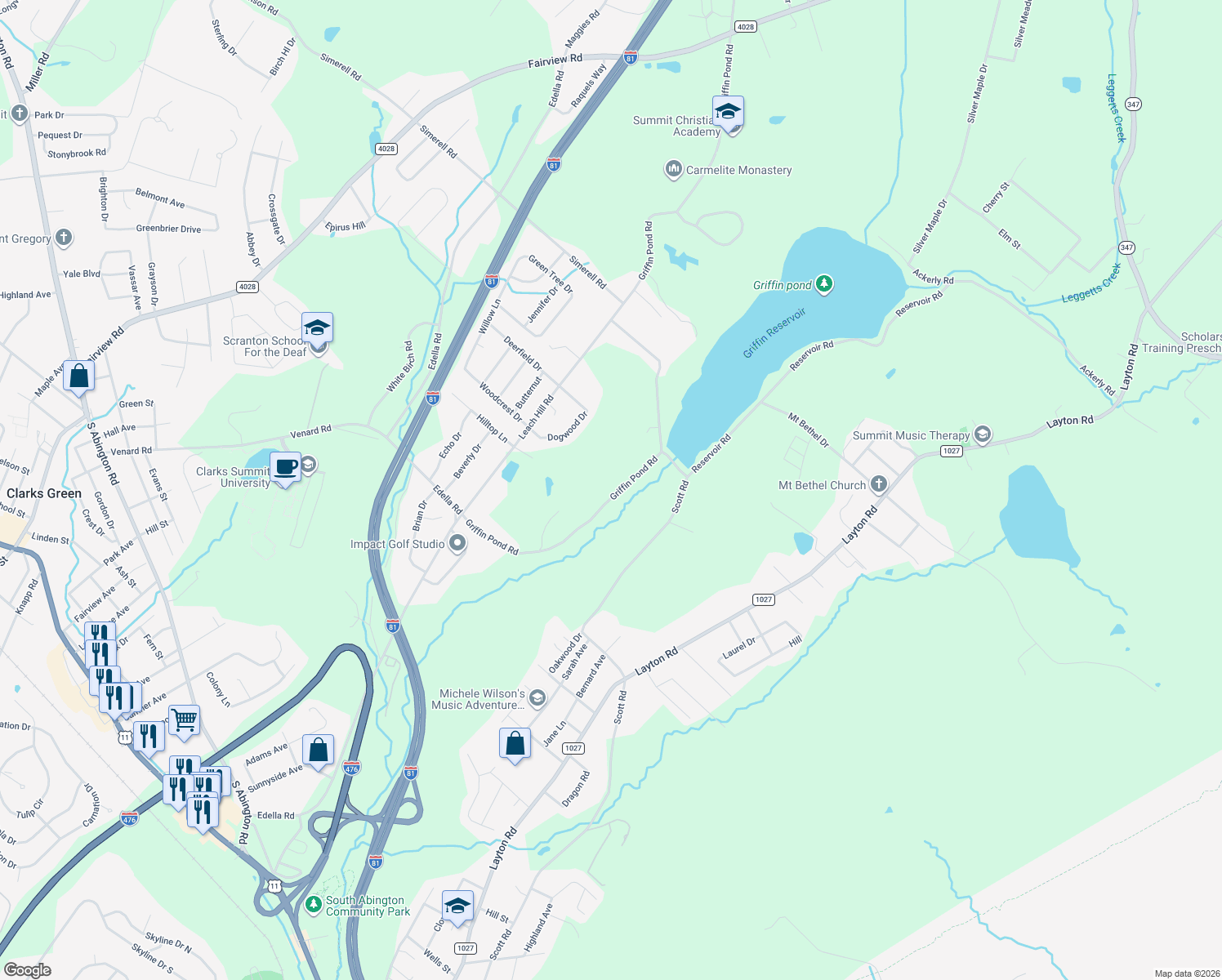 map of restaurants, bars, coffee shops, grocery stores, and more near 257 Griffin Pond Rd in Lackawanna