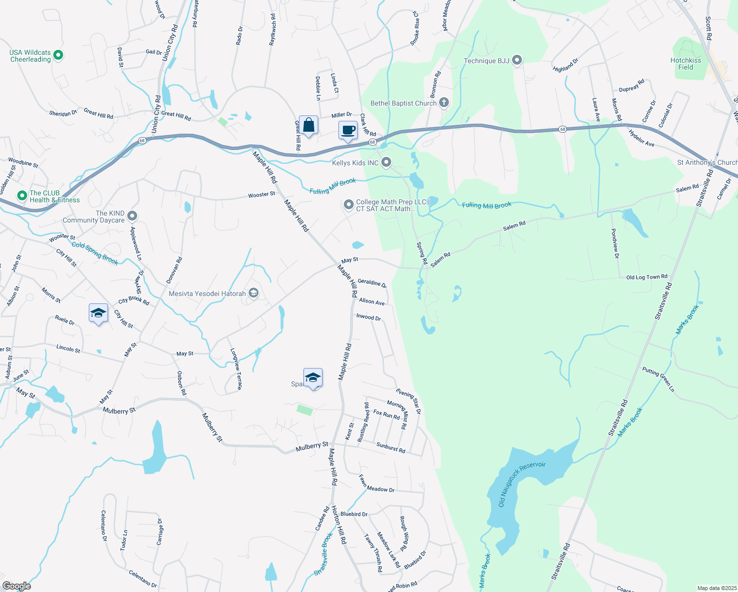 map of restaurants, bars, coffee shops, grocery stores, and more near 41 Geraldine Drive in Naugatuck