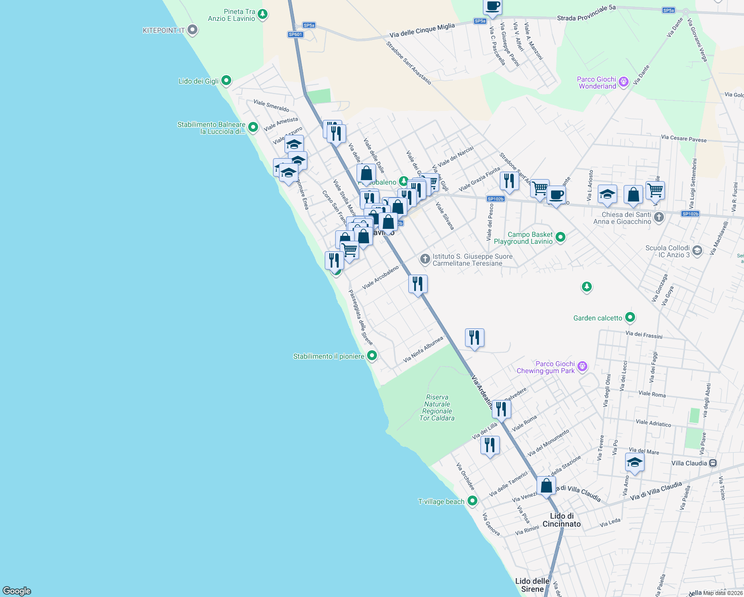 map of restaurants, bars, coffee shops, grocery stores, and more near 21 Viale del Sole in Anzio