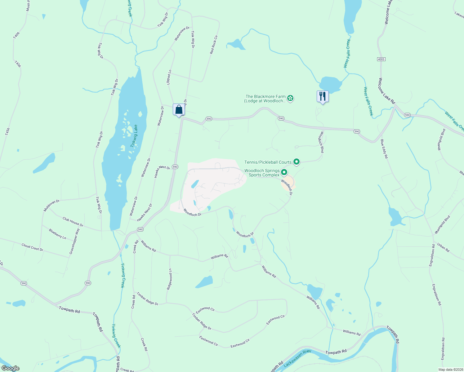 map of restaurants, bars, coffee shops, grocery stores, and more near 112 Woodloch Springs in Hawley