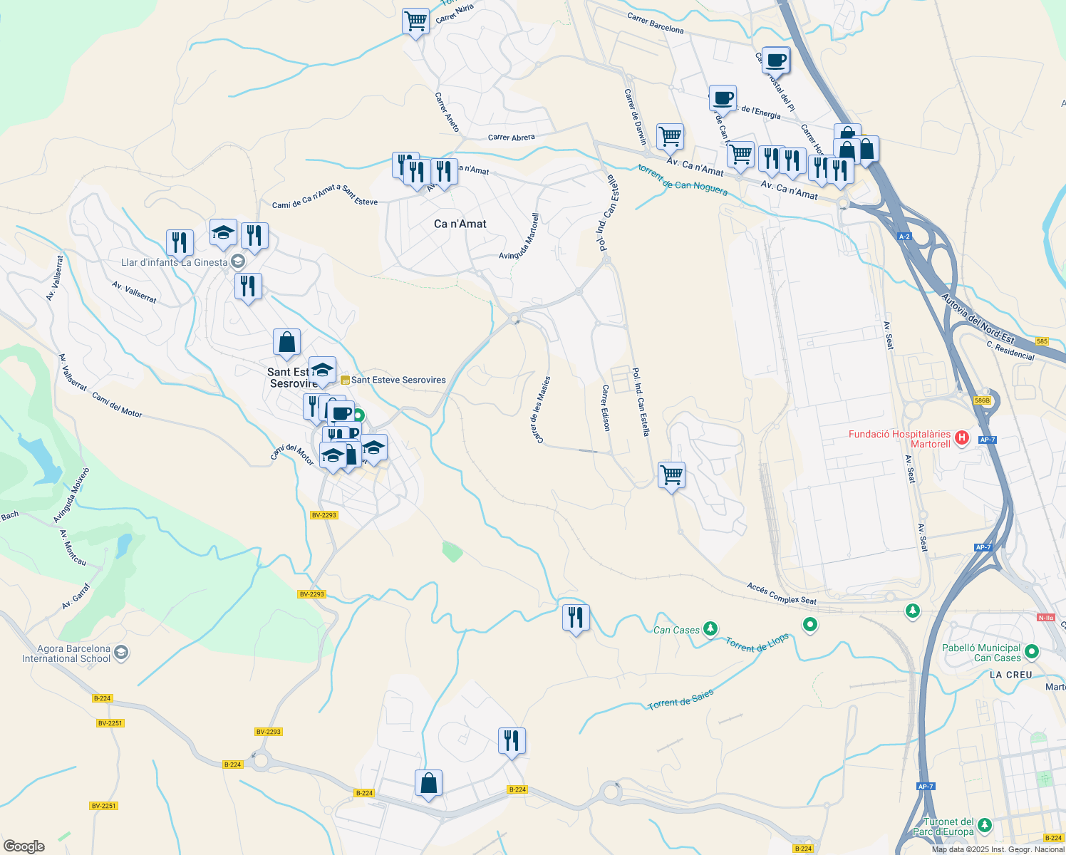map of restaurants, bars, coffee shops, grocery stores, and more near 9 Carrer de les Masies in Sant Esteve Sesrovires