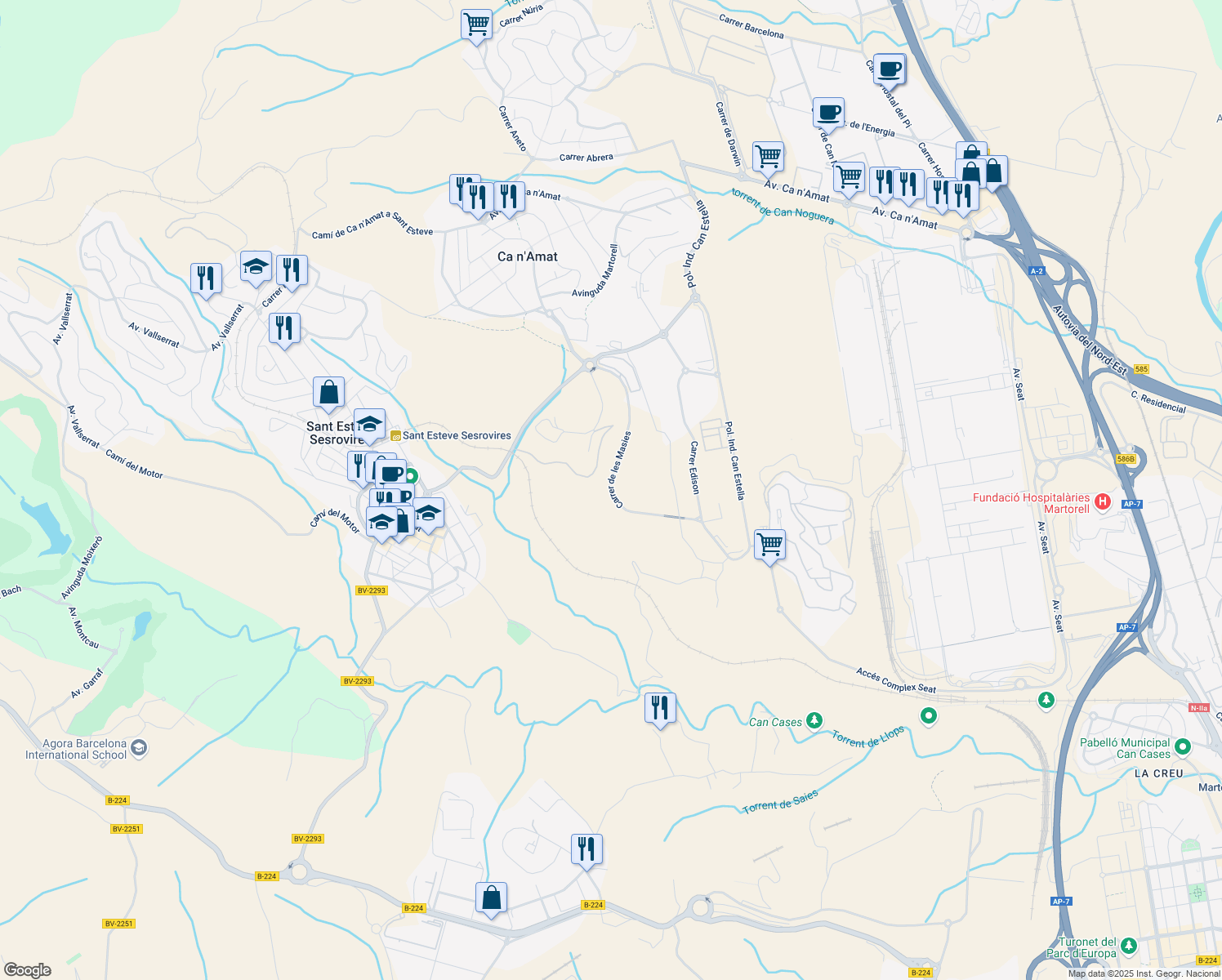 map of restaurants, bars, coffee shops, grocery stores, and more near 9 Carrer de les Masies in Sant Esteve Sesrovires